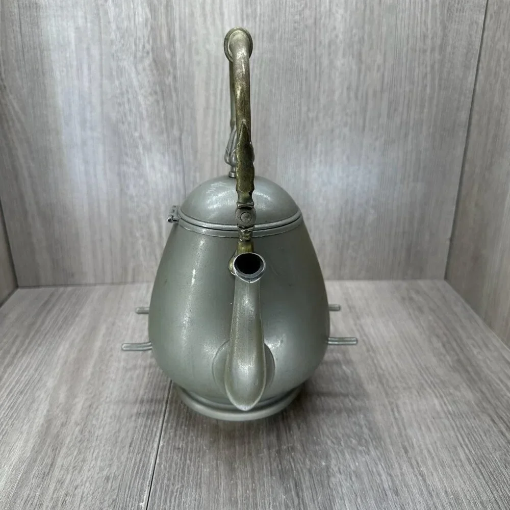 Vintage Decorative Metal Teapot with Ornate Brass Handle Hinged Lid Silver Tone